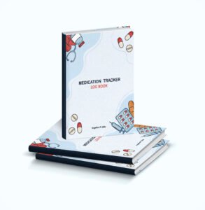 Medication Tracker Log Book by Angeline P. Utile, with one book standing on two lying flat.