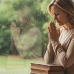 A woman prays quietly near a window, hands clasped, symbolizing faith, patience and hope during difficult times.